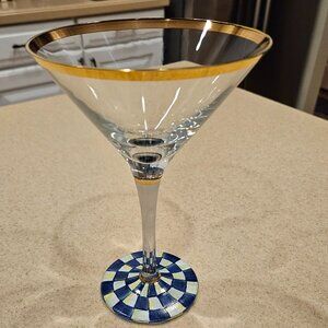 RARE MACKENZIE CHILDS BLUE WHITE ROYAL CHECK GOLD MARTINI COUPE BAR GLASS GOBLET